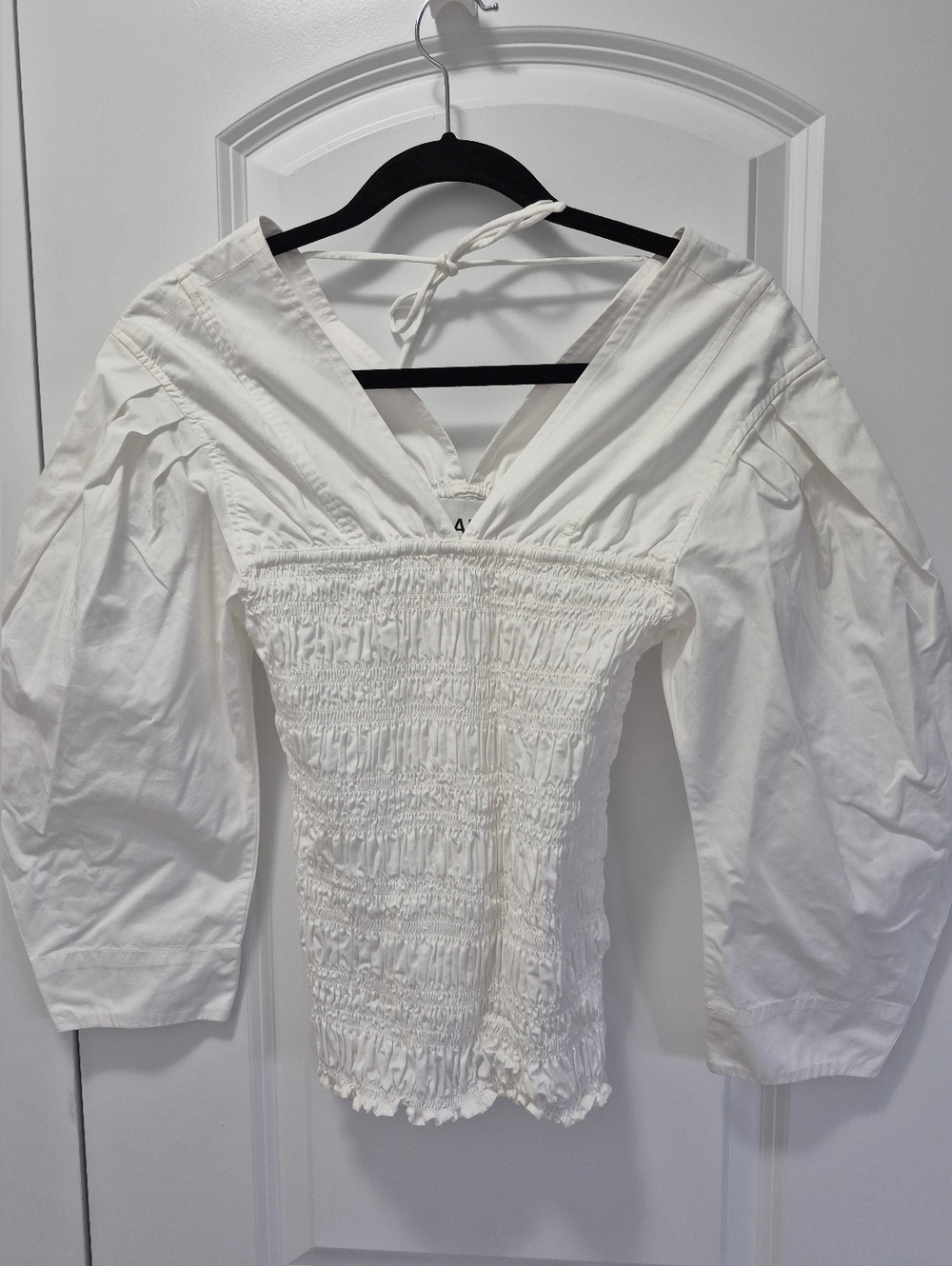GANNI Cotton Poplin Smocked Top, US 0, White - Picture 3 of 10
